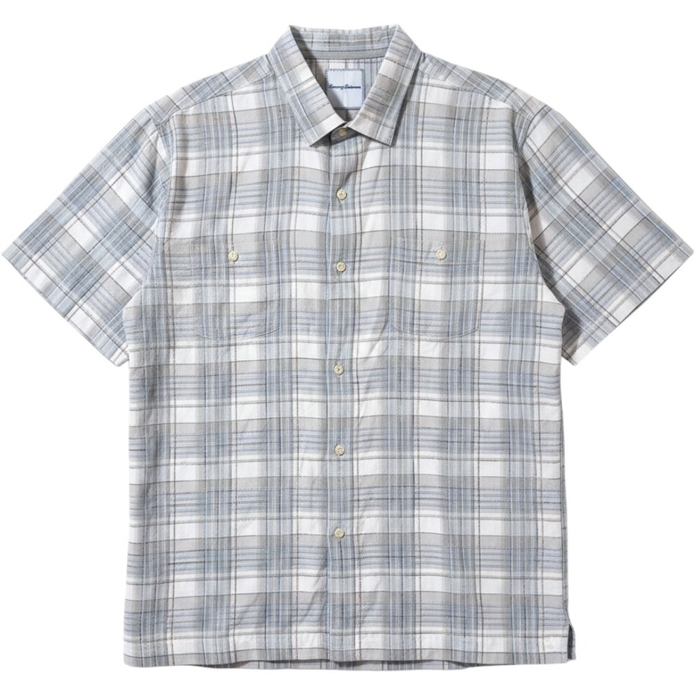 Tommy Bahama Silk Cotton Camp Shirt Mens XXL Gray White‎ Plaid Short Sleeve